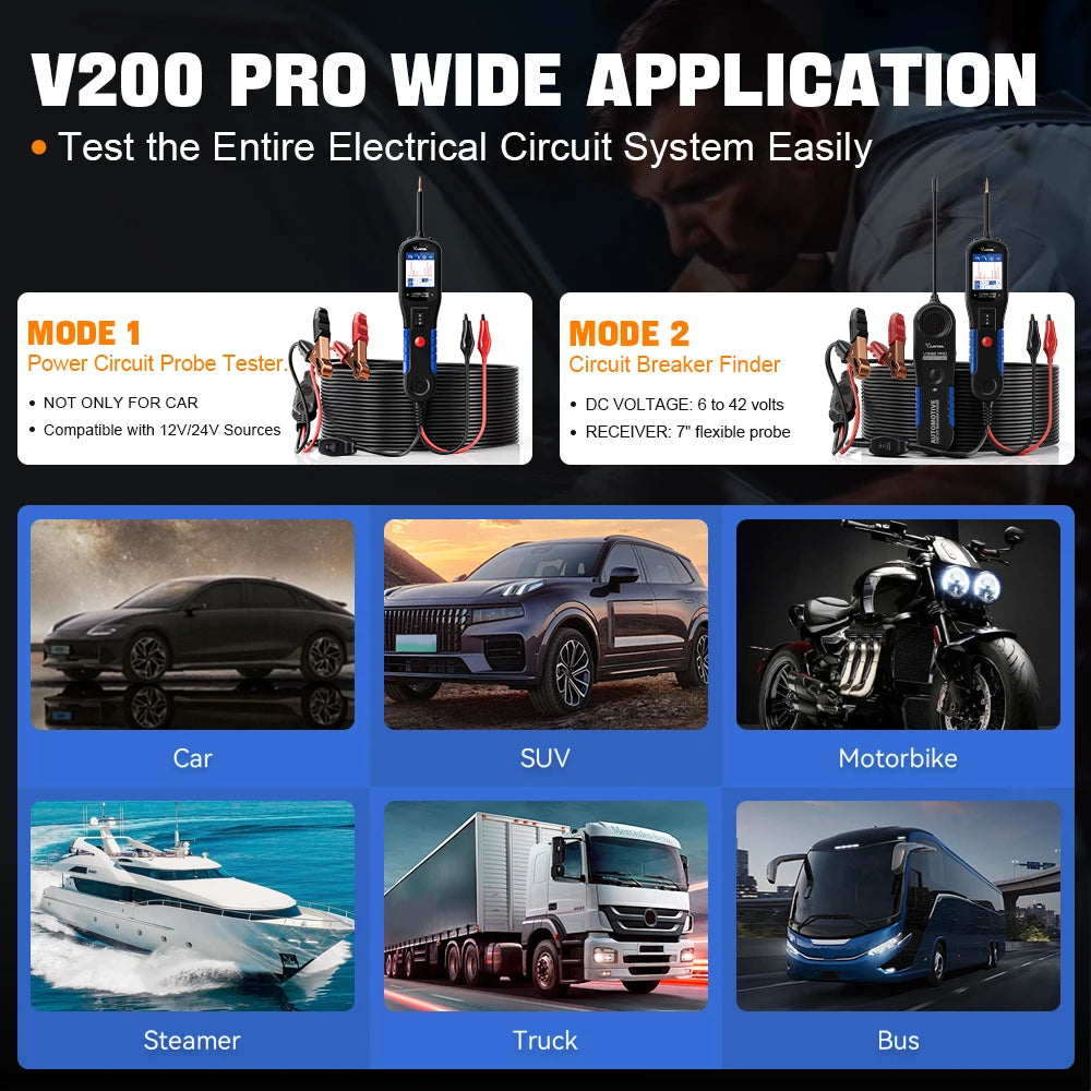 2026 VDIAGTOOL V200PRO 12/24V Car Power Circuit Probe 40FT/12M Cable Circuit Tester with Relay/Fuse Testing Breaker Finder Tools