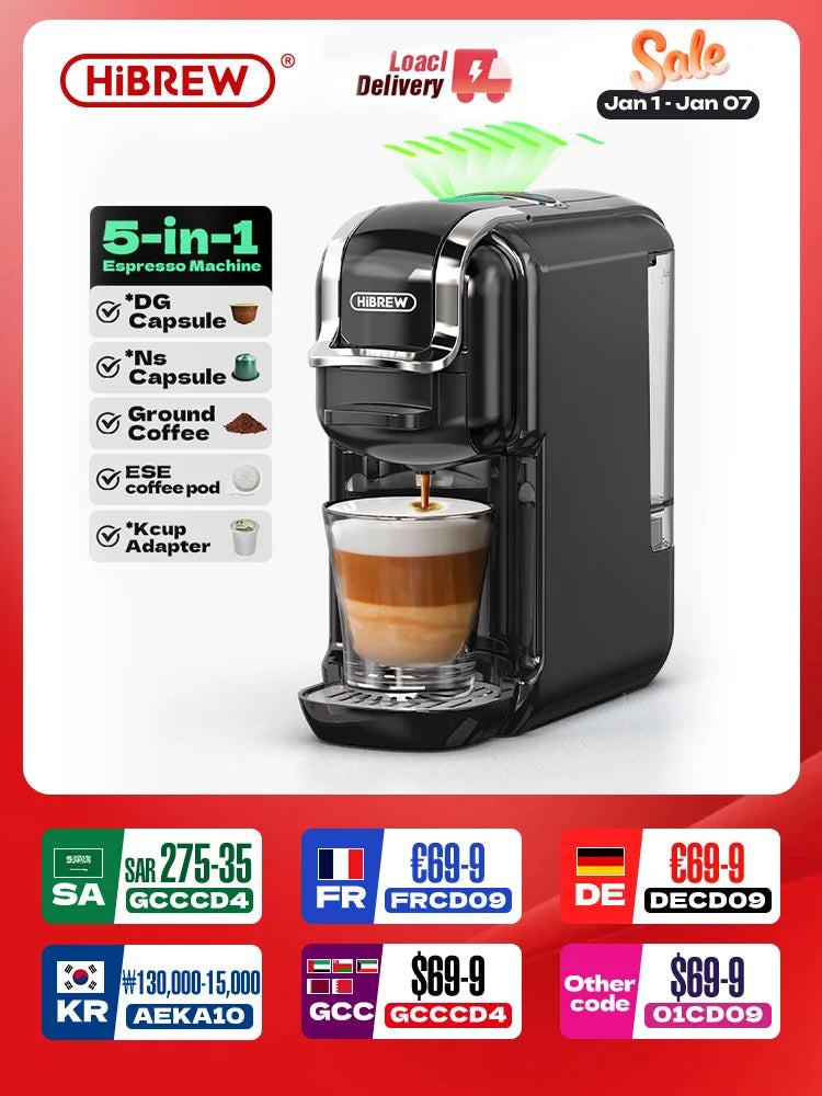HiBREW 5 in 1 Multiple Capsule Coffee Machine Hot/Cold DG Cappuccino Nes Small Capsule ESE Pod Ground Coffee Cafeteria 20Bar H2B
