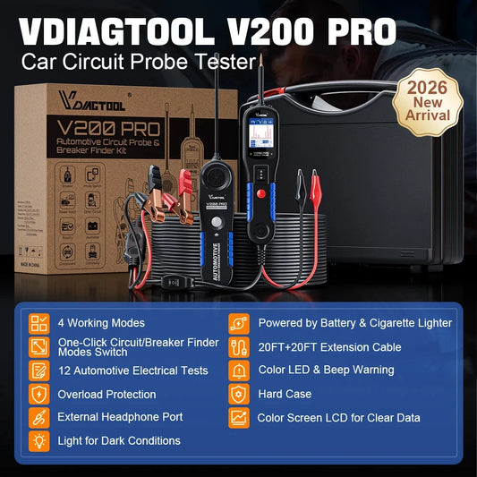 2026 VDIAGTOOL V200PRO 12/24V Car Power Circuit Probe 40FT/12M Cable Circuit Tester with Relay/Fuse Testing Breaker Finder Tools