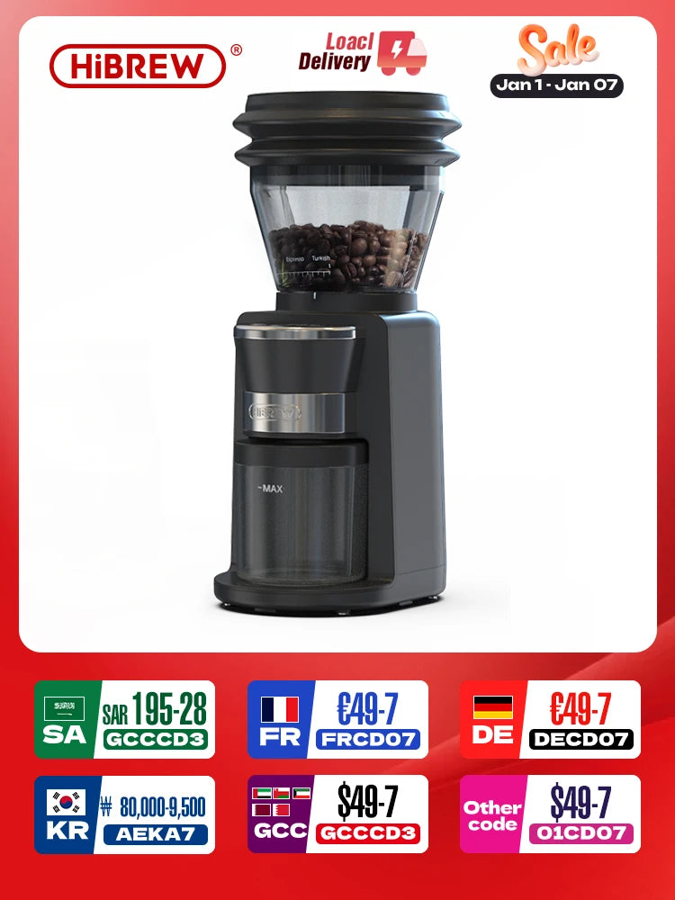 HiBREW Coffee Mill Automatic Electric Coffee Grinder with 31 Gears for Espresso American Coffee Pour Over Visual Bean Storage G3
