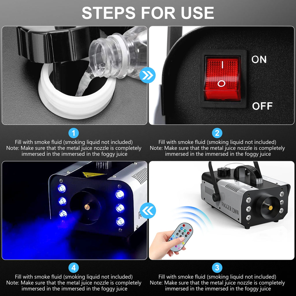 1200W Smoke Machine RGB 6LEDs Lighting Fog Machine Remote Control Stage Smoke Haze Generator for Disco Party Nightclub Wedding