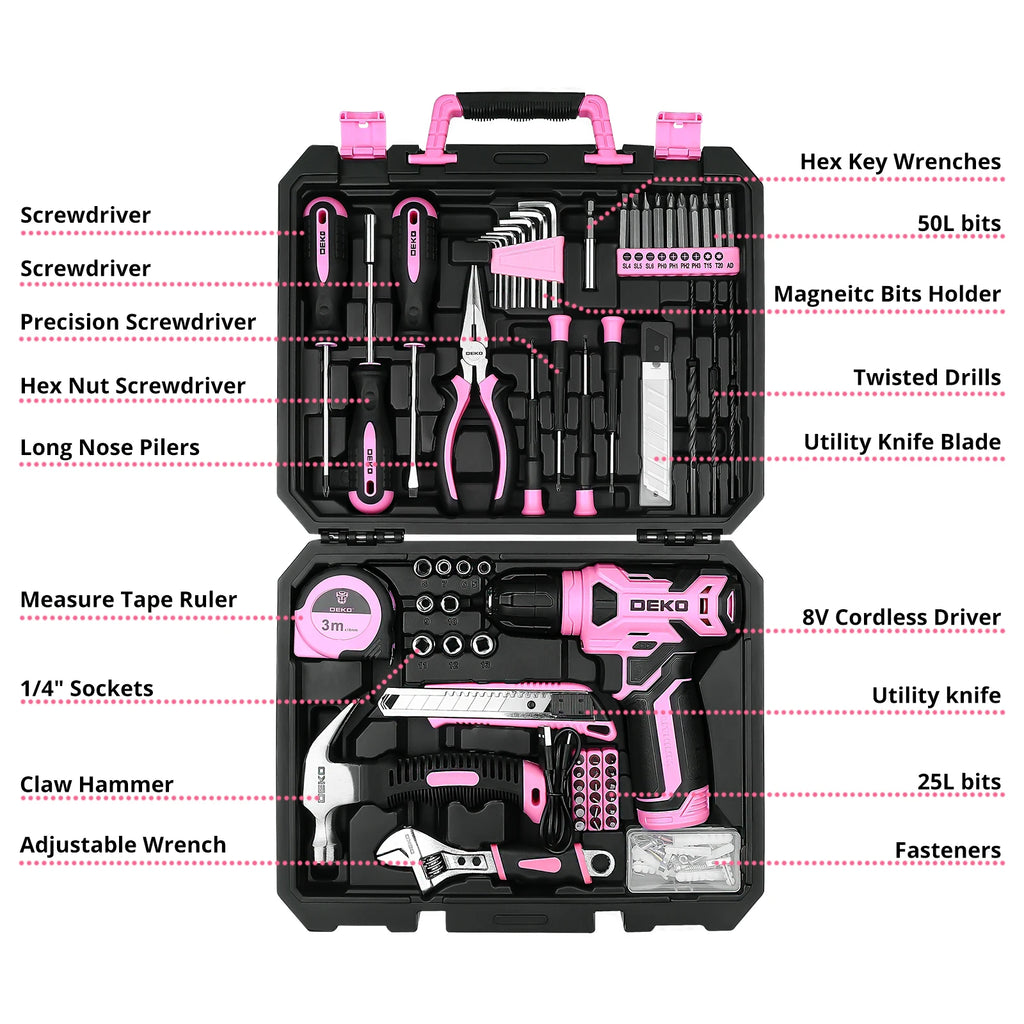 DEKO 126Pcs Power Tool Combo Kits with 8V Cordless Drill,10MM 3/8'' Keyless Chuck,Professional Home Household DIY Hand Tool Kits