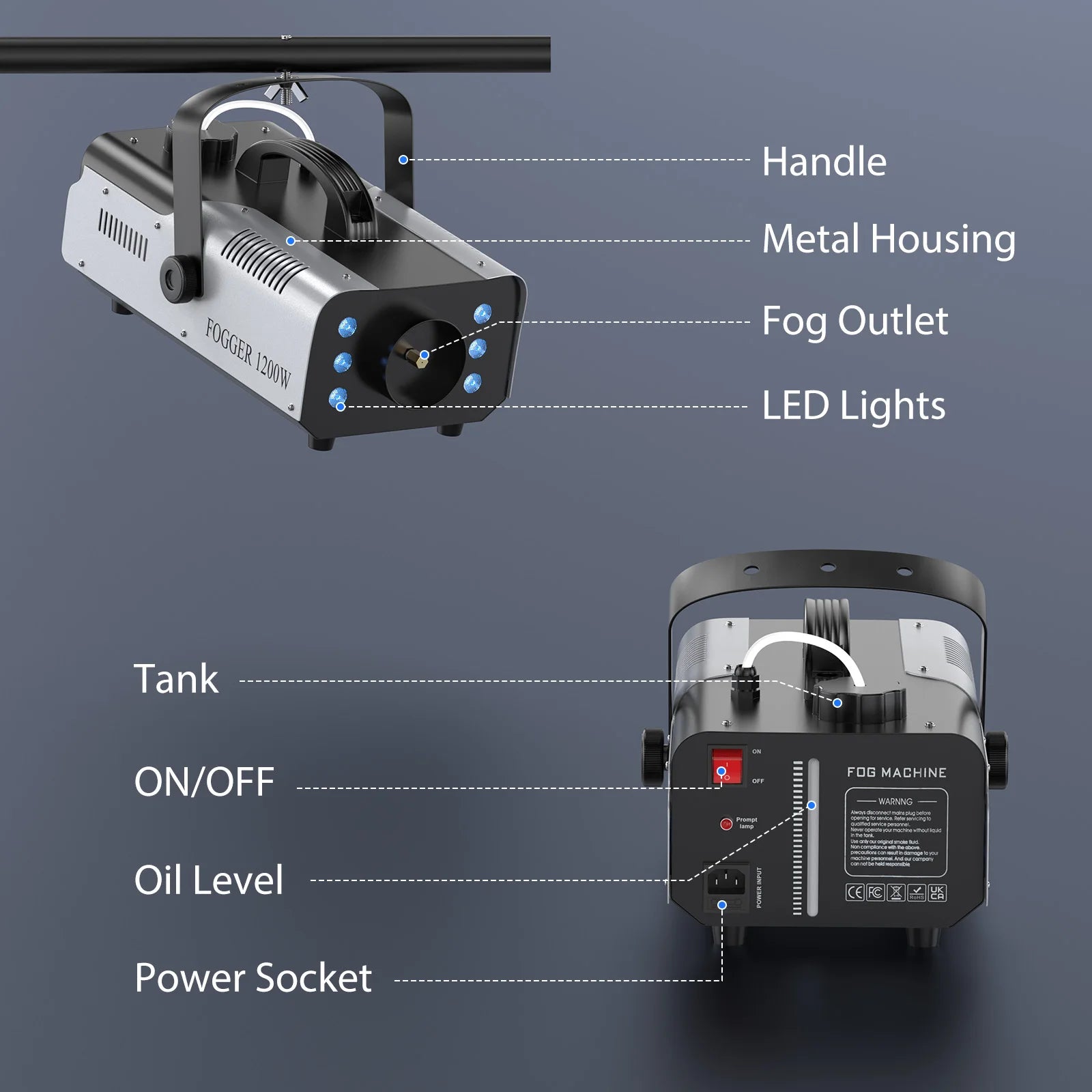 1200W Smoke Machine RGB 6LEDs Lighting Fog Machine Remote Control Stage Smoke Haze Generator for Disco Party Nightclub Wedding