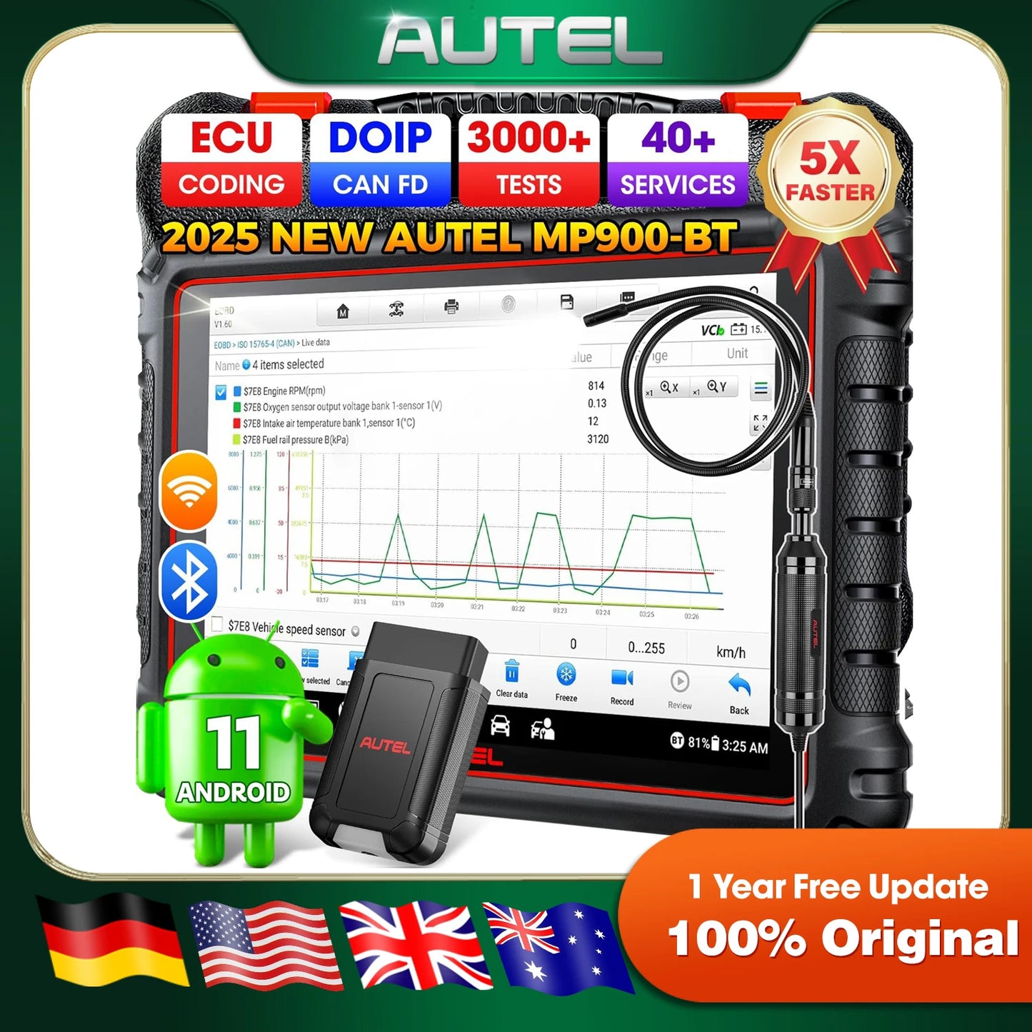 2025 Newest Autel MaxiPRO MP900-BT OBD2 Scanner DoIP/CAN FD ECU Coding Active Test 40+ Services Upgraded of MS906BT/MP900/ MP808